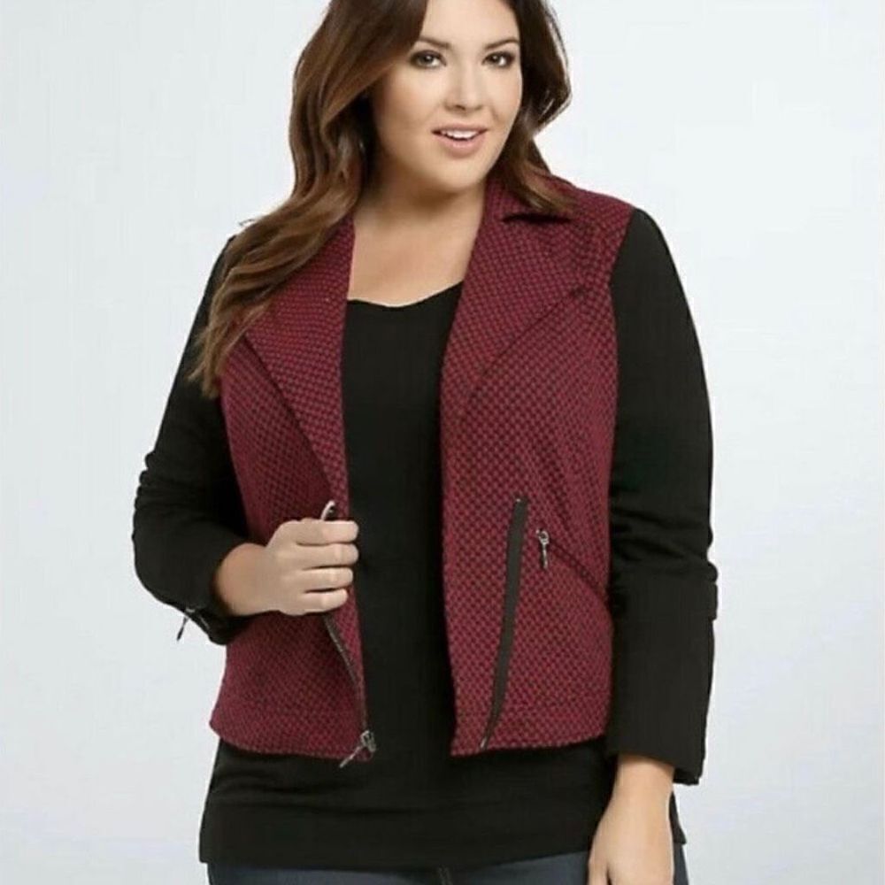 Torrid Womens Moto Jacket Blazer Checkered Zip Up Long Sleeve hot pink Black Siz